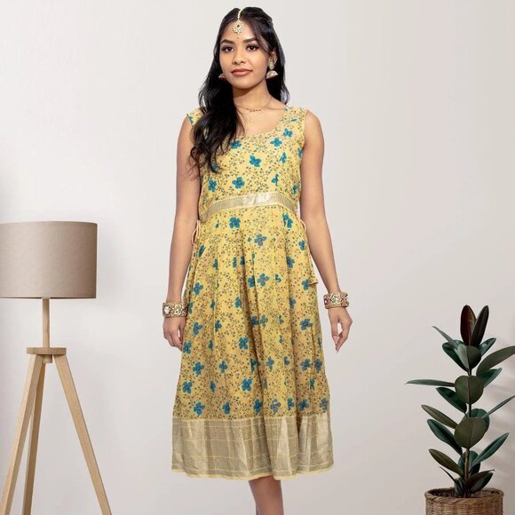 Buy Elegant Gold Silk Knee Length Dress | Muvvas Boutique - Picture 3 of 5